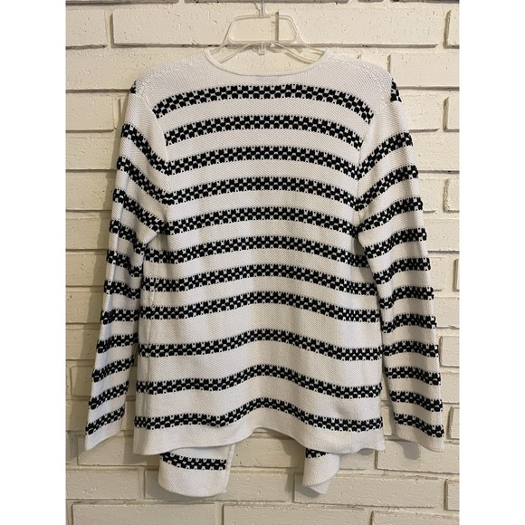 Talbots Cardigan Women‎ Medium Petite Black White Striped Open Knit Sweater - Picture 4 of 5